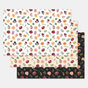 Rote und orangefarbene Blumen mit Blattmuster Geschenkpapier Set
