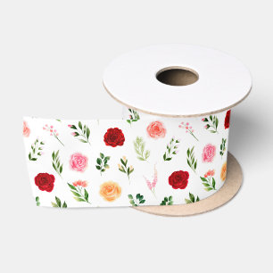 Rote und orangefarbene Blumen mit Blattmuster Satinband