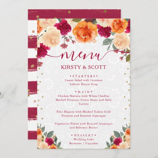 Rote und orangefarbene Herbst-Blume Menükarte (Vorne/Hinten)