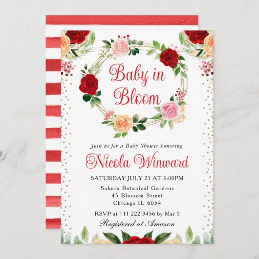 Rote und orangefarbene Rose Blume Kinderdusche Einladung (Vorne/Hinten)