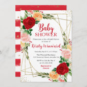 Rote und orangefarbene Rose und Goldrahmen-Babydus Einladung (Vorne/Hinten)