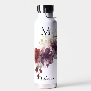 Rote und Pflaumen-Rosen Aquarell-Blumen mit Monogr Trinkflasche