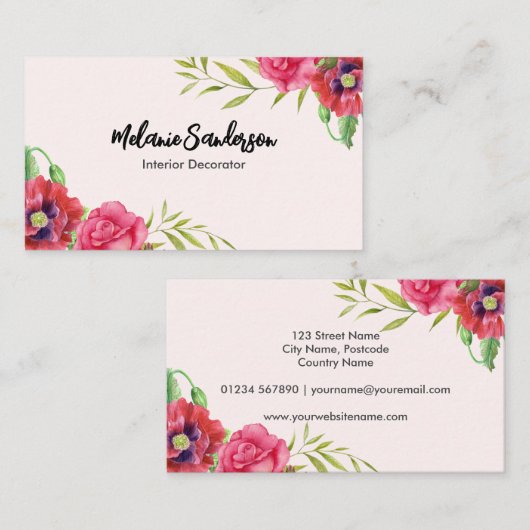 Rote und rosa Blume auf hellrosa Visitenkarte (Vorne/Hinten)