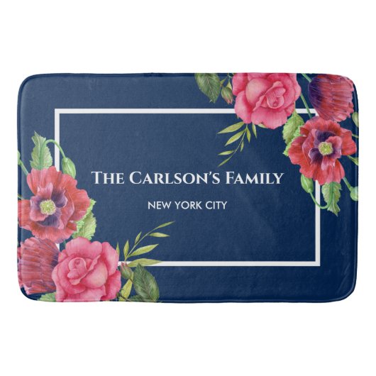 Rote und rosa Blume Dunkelblau Badematte (Vorderseite)