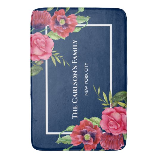 Rote und rosa Blume Dunkelblau Badematte (Vorderseite Vertikal)