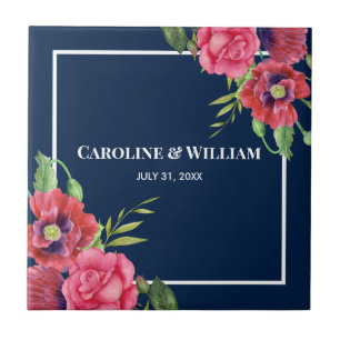 Rote und rosa Blume Dunkelblau Fliese