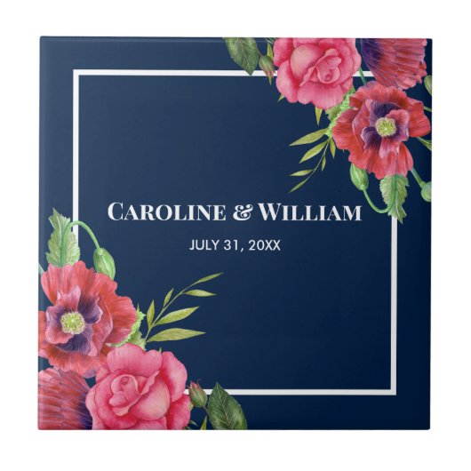 Rote und rosa Blume Dunkelblau Fliese (Vorderseite)