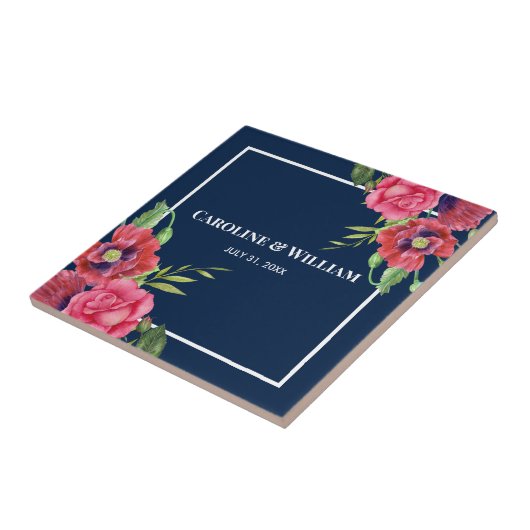 Rote und rosa Blume Dunkelblau Fliese (Seite)