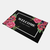 Rote und rosa Blume Dunkelblau Fußmatte (Schrägansicht)