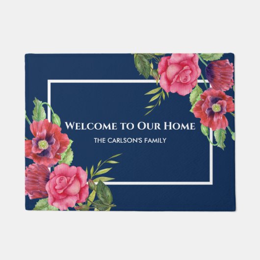 Rote und rosa Blume Dunkelblau Fußmatte (Vorderseite)