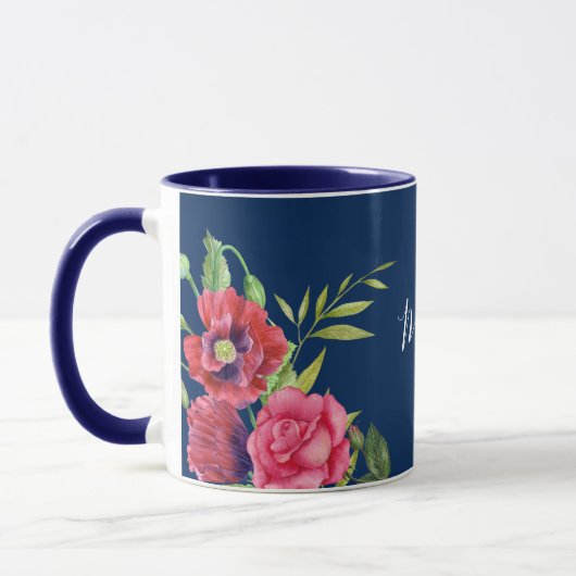 Rote und rosa Blume Dunkelblau Tasse (Links)
