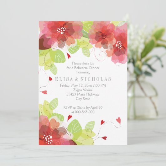Rote und rosa Blume Hochzeitsfeier Probe Abendesse Einladung (Stehend Vorderseite)