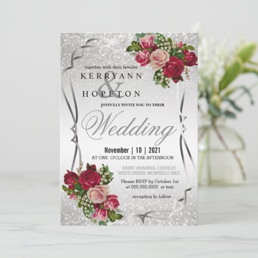 Rote und rosa Blume mit Silver Glitzer Einladung (Stehend Vorderseite)