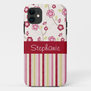 Rote und rosa Blume und Streifen Personalisiert iPhone 11 Hülle