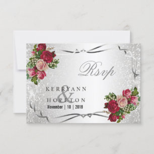 Rote und Rosa Blumen und Silber Glitter - Zusagen RSVP Karte