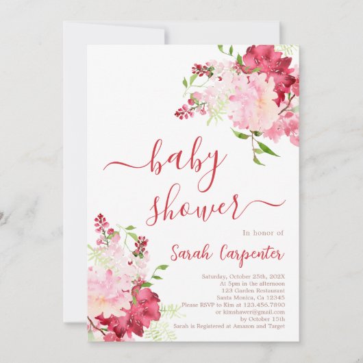 Rote und rosa Blütendusche Mädchen Einladung (Vorderseite)