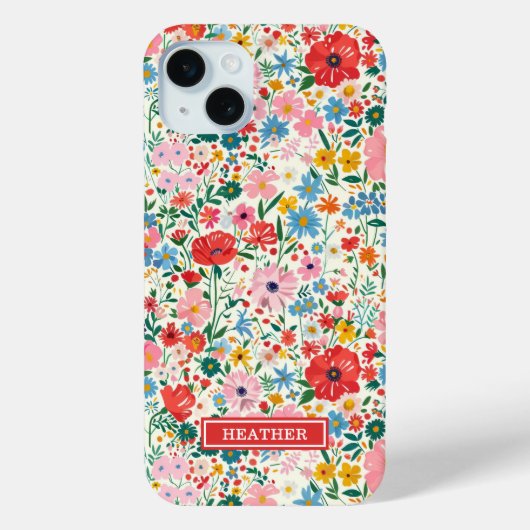Rote und rosa Ditsy-Blumen monogrammiert Case-Mate iPhone Hülle (Rückseite)