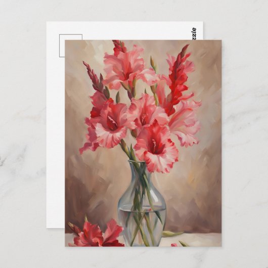Rote und rosa Gladiolus-Blume in einer Vase Postkarte (Vorne/Hinten)