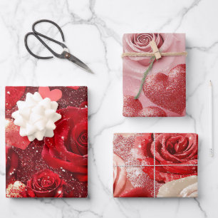 Rote und rosa glitzernde Herzen und Rosen zum Vale Geschenkpapier Set
