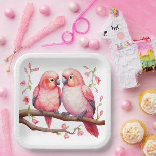Rote und rosa Lovebirds Pappteller