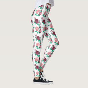 Rote und rosa Rose w/Green verlässt Wasser-Farbe Leggings
