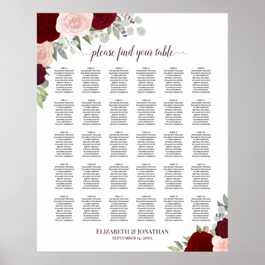 Rote und rosa Rosen 30 Tabelle Hochzeitstabelle Poster (Vorne)