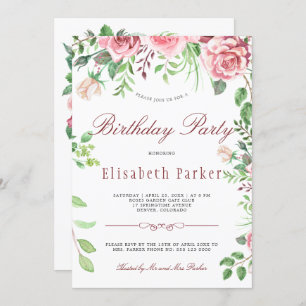 Rote und Rosa Rosen Garten Geburtstagsparty Einladung
