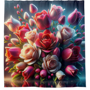 Rote und rosa Rosen mit Regentropfen Duschvorhang