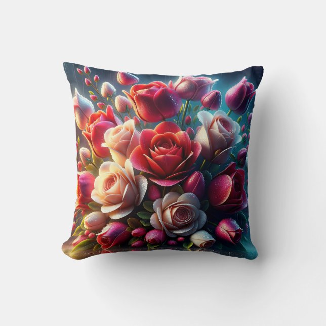 Rote und rosa Rosen mit Regentropfen Kissen (Vorderseite)