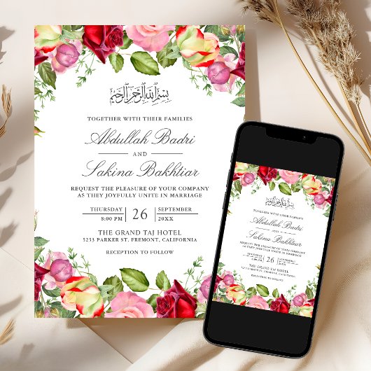 Rote und rosa Rosenblütenhochzeit Einladung