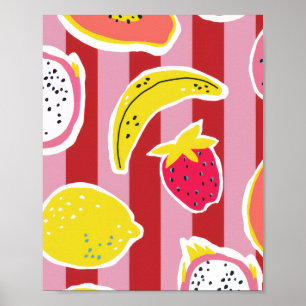 rote und rosa Streifen mit tropischen Früchten Poster