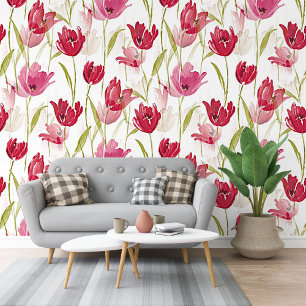 Rote und rosa Tulpen Wasserfarbene Blumenmuster Tapete