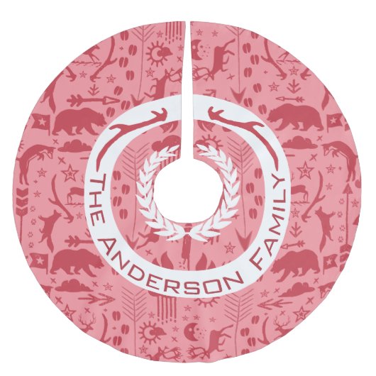 Rote und rosa Weihnachtsfamilie Rentierpfeile Polyester Weihnachtsbaumdecke (Vorderseite)