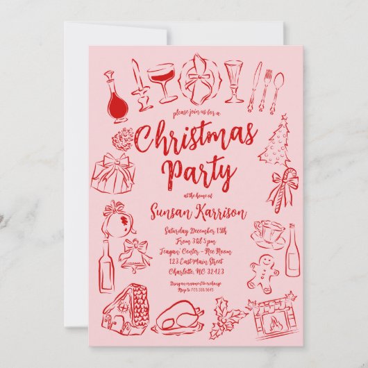 Rote und rosa Weihnachtsladen Doodles Einladung (Vorderseite)