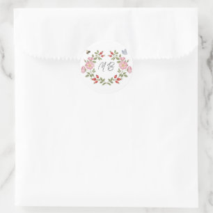 Rote und rosa Wildblumen Beeren Florales Monogramm Runder Aufkleber