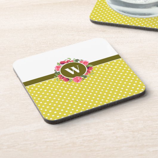 Rote und rosafarbene Blume Wreath Polka Dots Getränkeuntersetzer (Linke Seite)