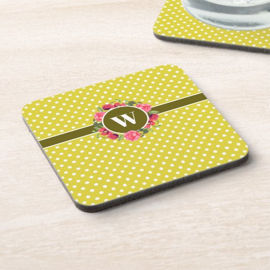 Rote und rosafarbene Blume Wreath Polka Dots Getränkeuntersetzer (Linke Seite)