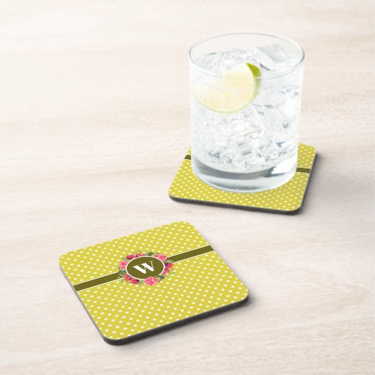 Rote und rosafarbene Blume Wreath Polka Dots Getränkeuntersetzer (Rechte Seite)