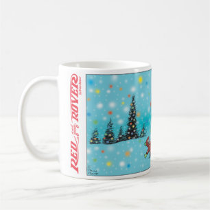 Rote und Rover-Urlaubbäume und bunte Schneeflocke Kaffeetasse
