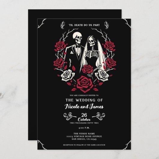 Rote und Schwarz-weiße Rose Skeleton Couple Weddin Einladung (Vorne/Hinten)