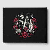 Rote und Schwarz-weiße Rose Skeleton Couple Weddin Gästebuch (Rückseite)