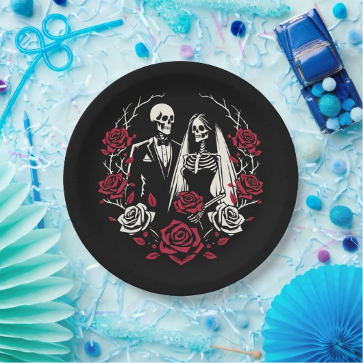 Rote und Schwarz-weiße Rose Skeleton Couple Weddin Pappteller (Party)