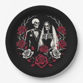 Rote und Schwarz-weiße Rose Skeleton Couple Weddin Pappteller (Vorderseite)