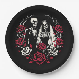 Rote und Schwarz-weiße Rose Skeleton Couple Weddin Pappteller