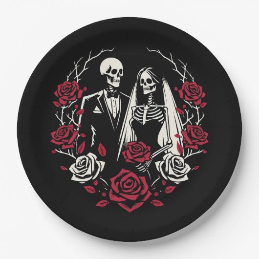 Rote und Schwarz-weiße Rose Skeleton Couple Weddin Pappteller (Vorderseite)