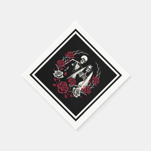 Rote und Schwarz-weiße Rose Skeleton Couple Weddin Serviette (Ecke)