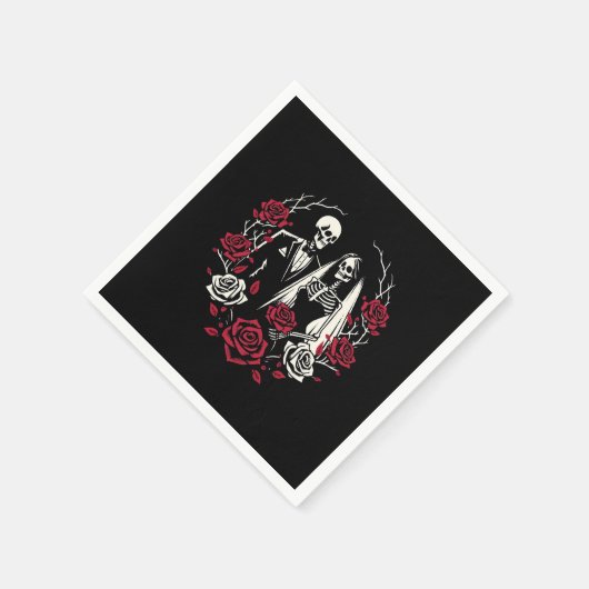 Rote und Schwarz-weiße Rose Skeleton Couple Weddin Serviette (Ecke)