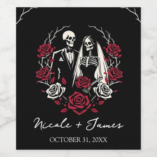 Rote und Schwarz-weiße Rose Skeleton Couple Weddin Weinetikett (Einzelnes Label)