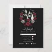 Rote und Schwarz-weiße Rose Skeleton Wedding RSVP Einladung (Vorderseite)