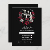 Rote und Schwarz-weiße Rose Skeleton Wedding RSVP Einladung (Vorne/Hinten)